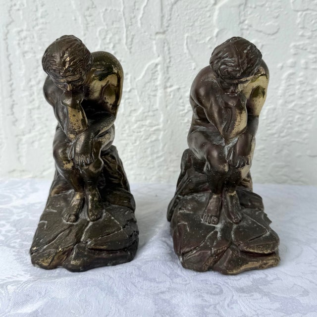 Traditional Vintage Brass Bookends “The Thinker” - A Pair For Sale - Image 3 of 6