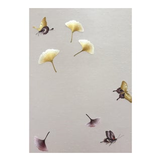 Hand Painted Ginkgo Leaf and Butterfly Wallpaper Mural, Minimalist Botanical Nature Wall Art For Sale