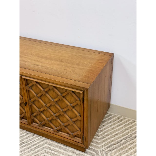 Drexel Collage MCM Low Console Lattice Door Faces Vintage Credenza Finished Back For Sale - Image 12 of 16