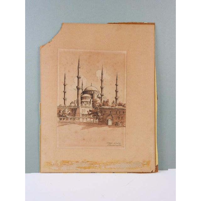 Late 19th century sepia tonal watercolor on paper painting of the Blue Mosque, Istanbul. Signed illegibly lower right...