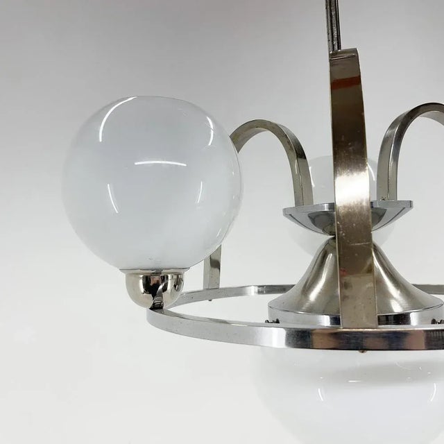 Art Deco Chrome & Milk Glass Chandelier, 1930s For Sale - Image 10 of 11