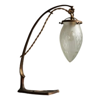 Art Nouveau Table Lamp in Sand Cast Brass and Etched Glass, 1920s For Sale