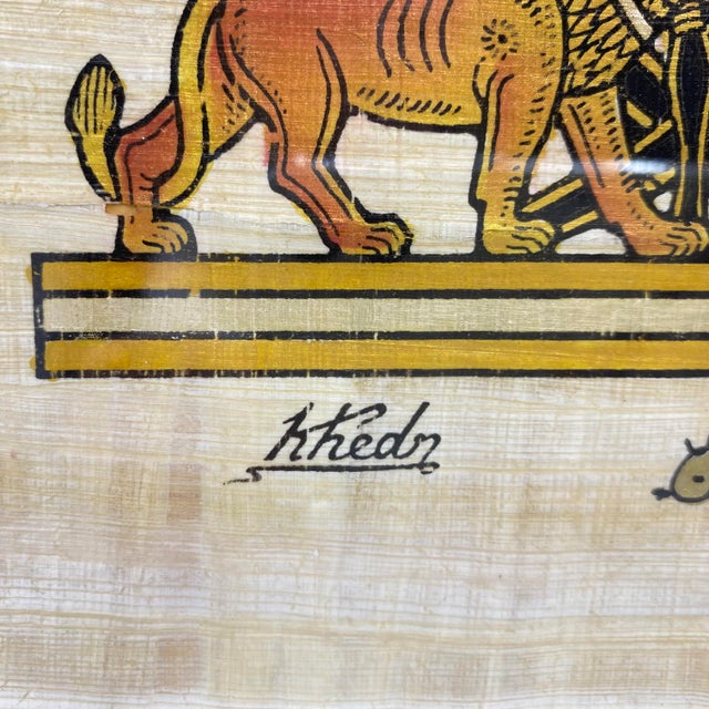 Framed Hand-Painted Egyptian Papyrus King Tutankhamun and Queen Ankhesenamun in a Traditional Royal Hunting Scene by Khedn For Sale In Sacramento - Image 6 of 10