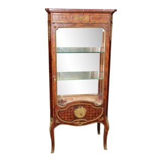 19th C French Louis XV Style Bronze Ormolu Mounted and Parquetry Inlaid Vitrine. For Sale