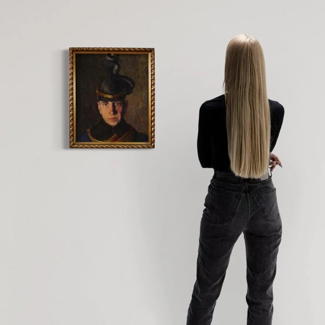 Antique hungarian painting dated 1915. Oil on cardboard artwork depicting a portrait of a world war i soldier in uniform,...