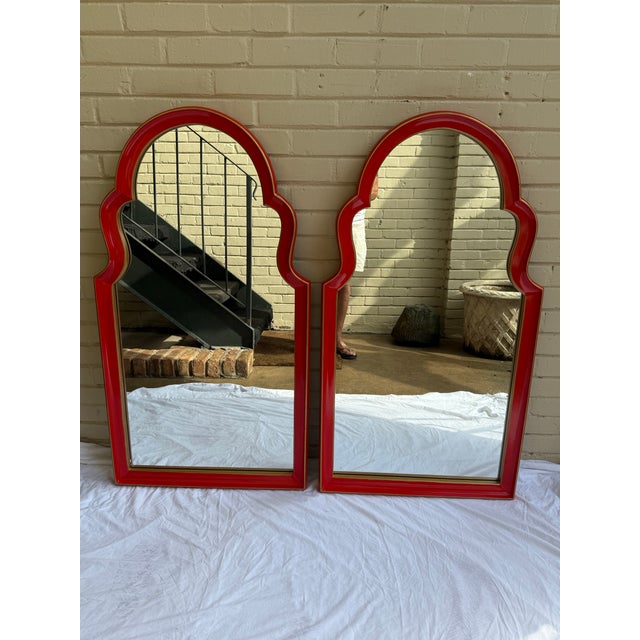 Scarlet Chic Vintage Mid-Century Arched Top Wall Mirrors in Red With Gilt Accent Newly Painted - A Pair For Sale - Image 8 of 9