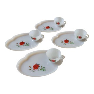Mid 20th Century Rosecrest Federal Milk Glass Fingerfood Plates and Tea Cups Luncheon or Breakfast Tea Set- 8 Pieces For Sale