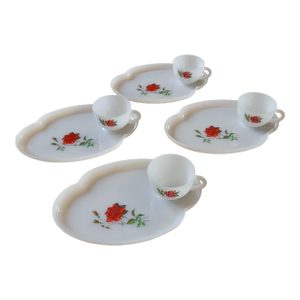 Mid 20th Century Rosecrest Federal Milk Glass Fingerfood Plates and Tea Cups Luncheon or Breakfast Tea Set- 8 Pieces