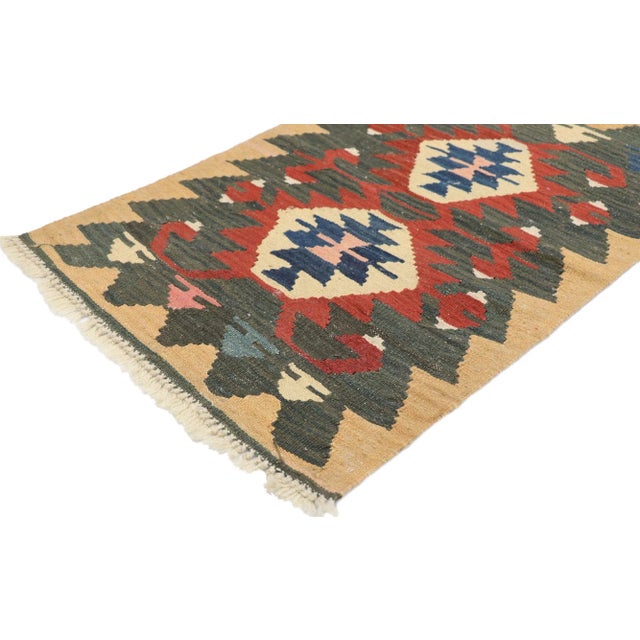Vintage Persian Shiraz Kilim Rug with Tribal Style 01'11 x 02'10. Full of tiny details and a bold expressive design...