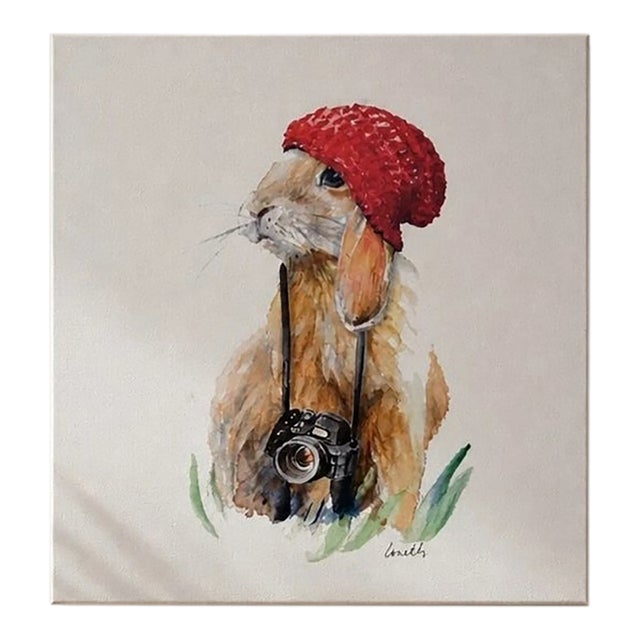 Lanie Loreth Modern Bunny I Red-Hat Bunny With Camera Watercolor Print - Home Art For Sale