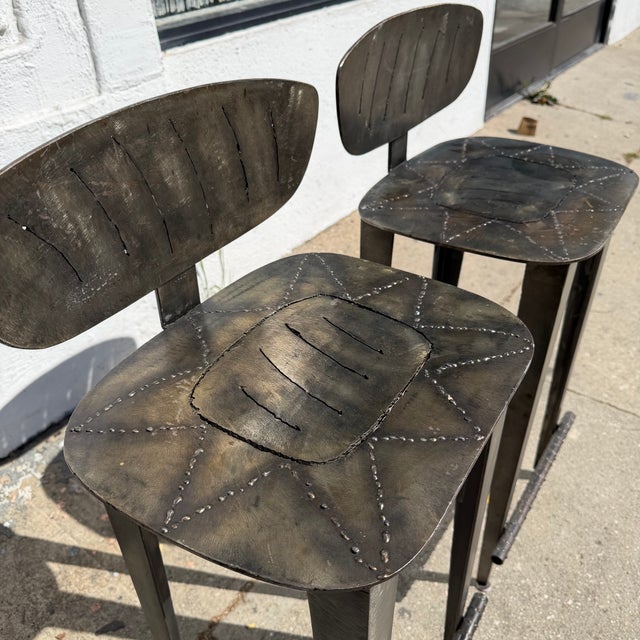 Postmodern 1980's Vintage Hammered Steel Bar Stools - A Pair For Sale - Image 3 of 11