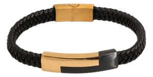 Men's Style Black Leather Gold Design Bracelet