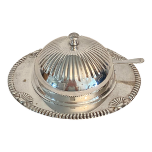 Vintage English Silver-Plated Dome Lid Butter or Caviar Dish With Glass Insert and Knife
