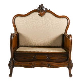 Antique Rococo Carved Wood Hall Bench With Upholstered Back and Seat For Sale