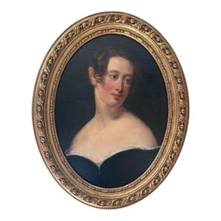 19th Century Oil on Canvas English School Portrait of a Lady – Gilt Oval Frame For Sale