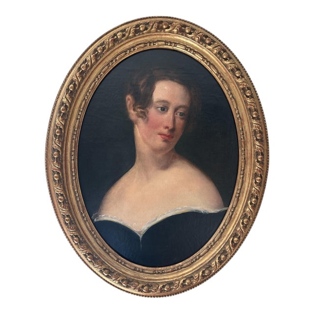 19th Century Oil on Canvas English School Portrait of a Lady – Gilt Oval Frame For Sale