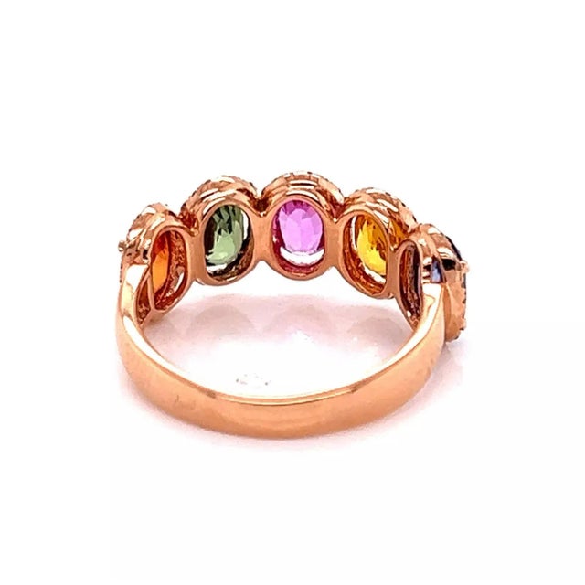 Multicolor Sapphire & Diamond 18k Rose Gold Band Ring - Size 6 For Sale - Image 4 of 7