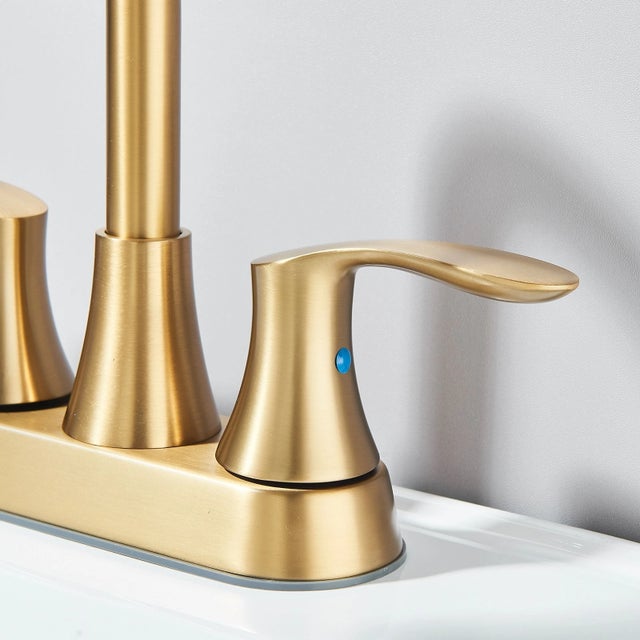 Metal Brushed Gold Bathroom Sink Faucet 3 Holes 4in Centerset Vanity Mixer With Drain For Sale - Image 7 of 11