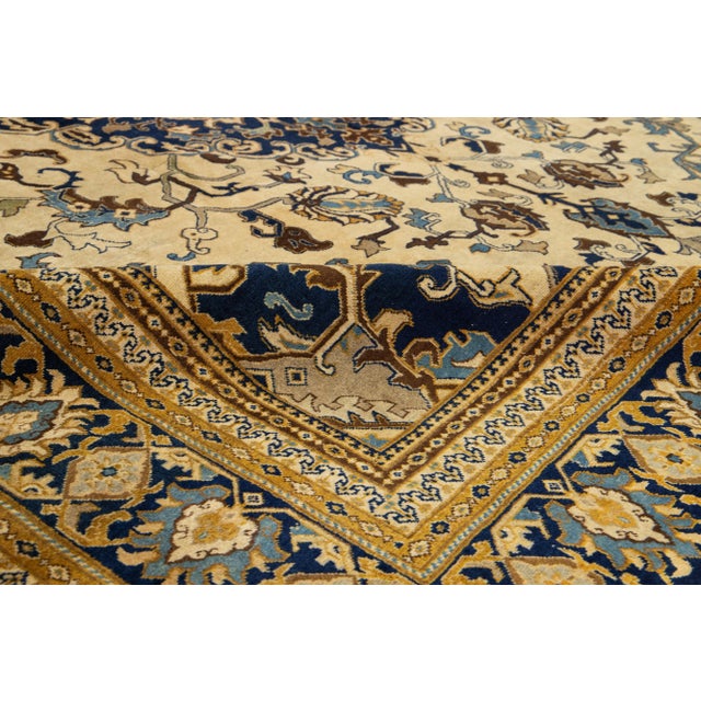 Room Size Antique Medallion Designed Wool Rug Persian Tabriz in Beige and Navy Blue For Sale In New York - Image 6 of 10