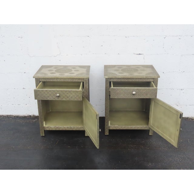 Wood Embossed Metal Overlay End Tables Nightstands a Pair 6674 For Sale - Image 7 of 18
