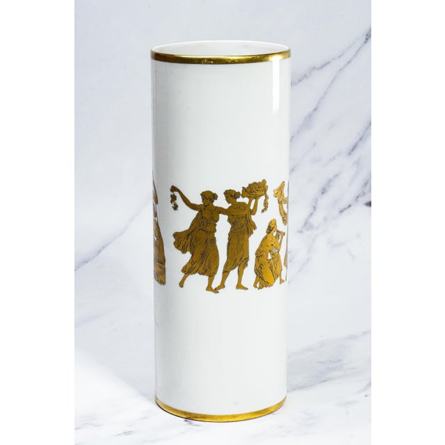 Nice Cylinder Antique Neoclassical Porcelain Gold White Vase Gerold Porzellan Bavaria West Germany For Sale - Image 9 of 13