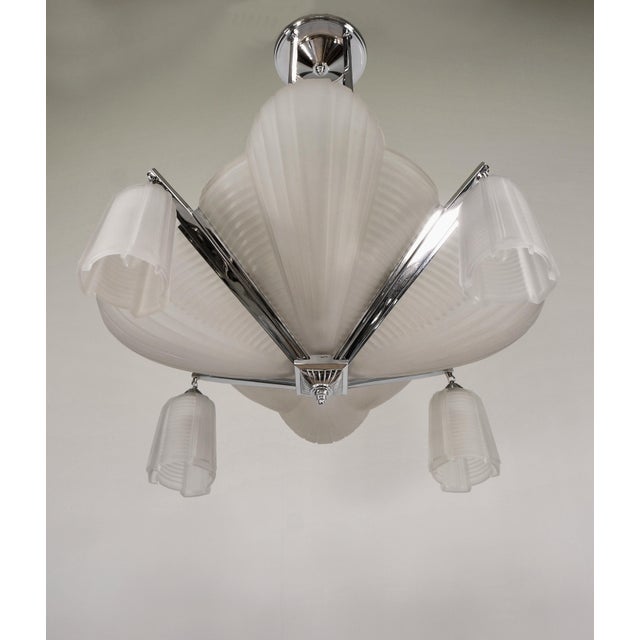 1930s Petitot French Modernist Art Deco Chandelier 1930s - Frosted Glass & Nickeled Bronze For Sale - Image 5 of 15