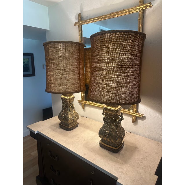 Metal Vintage Brass Urn Table Lamps With Elaborate Asian-Inspired Relief - Pair For Sale - Image 7 of 11