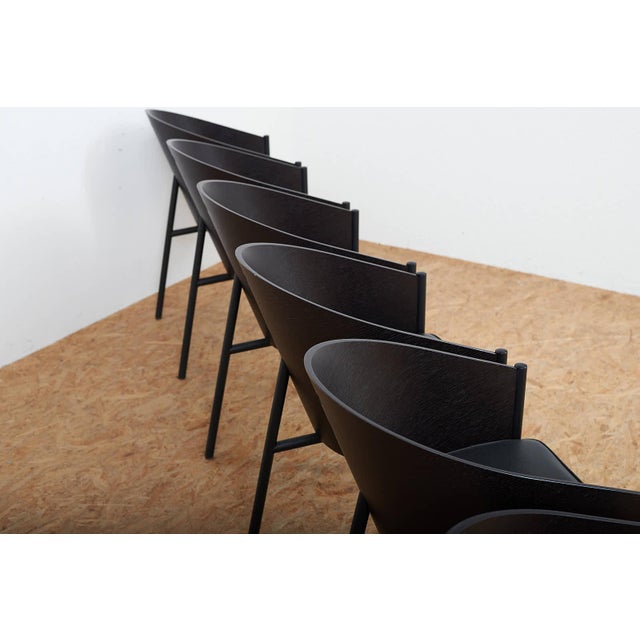Wood Costes Chair Set in Black Lacquered Tubular Steel Frame, Molded Plywood Seat and Leather by Philippe Starck, 1984, Set of 6 For Sale - Image 7 of 17
