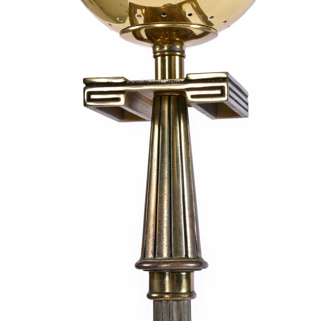 Metal Pair of Art Deco Regency Greek Key Brass Chalice Stiffel Torchiere Floor Lamps Set For Sale - Image 7 of 13