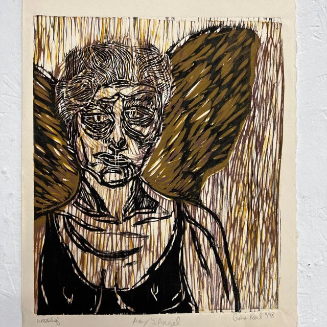 Art by Gina Kail Wood Relief Block Print Amy's Angel Nov 1998 Chairish