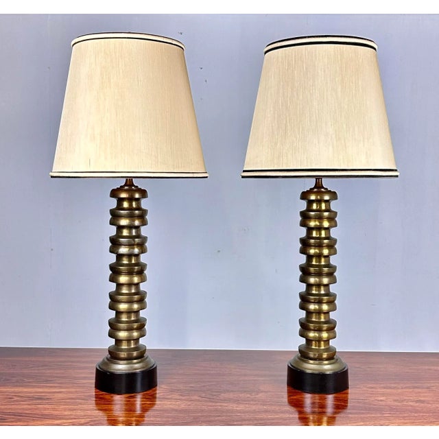 Mid 20th Century Modernist Paul Hanson Style Brass Column Table Lamps—a Pair For Sale - Image 12 of 12