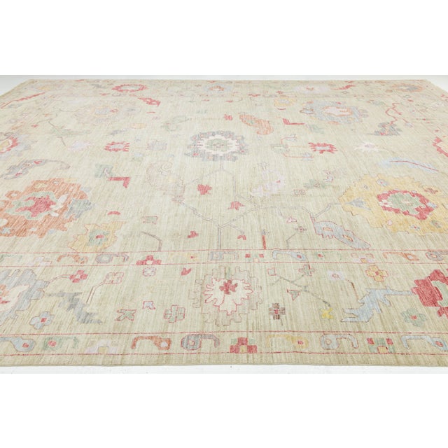 Slate Gray Hand-Knotted Modern Oushak Style Wool Rug – Muted Pastel Floral Transitional For Sale - Image 8 of 11