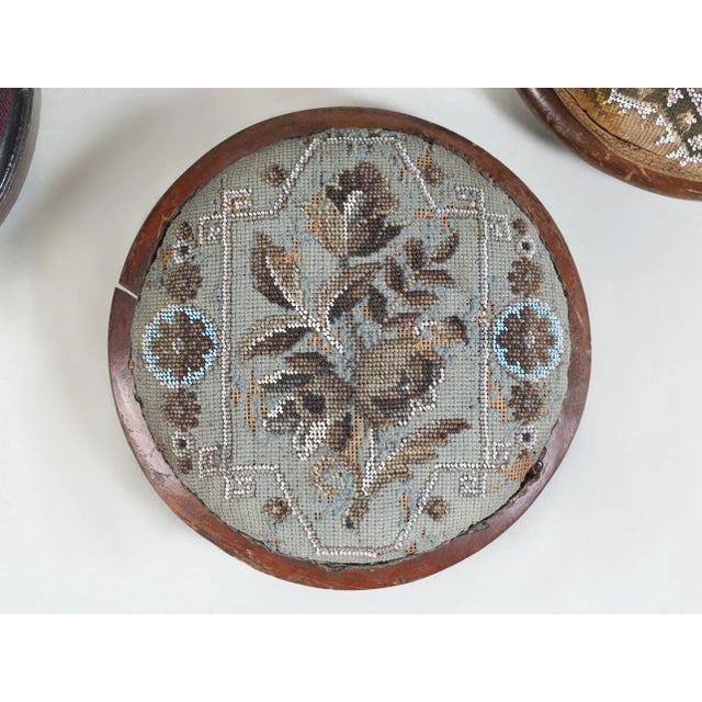Antique Collection (3) English Beaded Needlepoint Ladies Ottoman or Footstools For Sale - Image 11 of 12