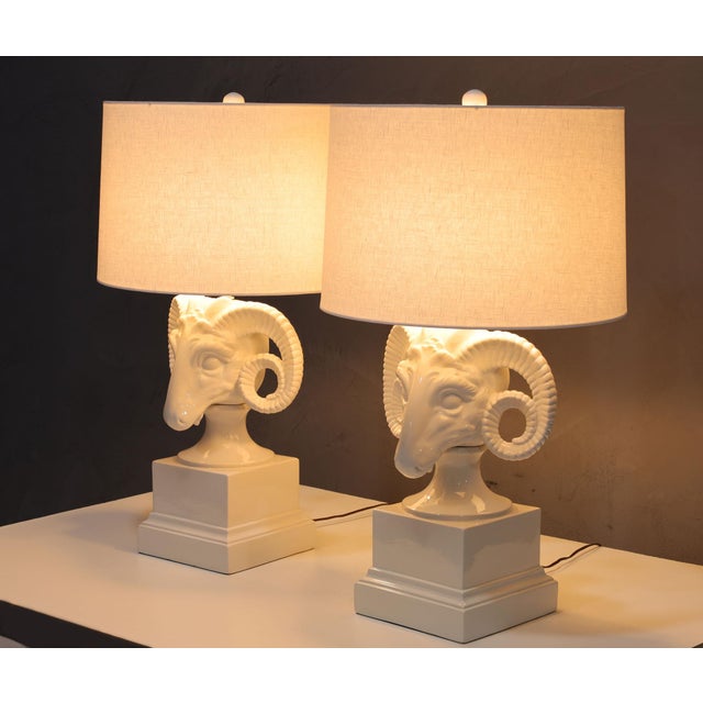 Ceramic 1960s Chapman White Ceramic Ram Head Lamps - a Pair For Sale - Image 7 of 9
