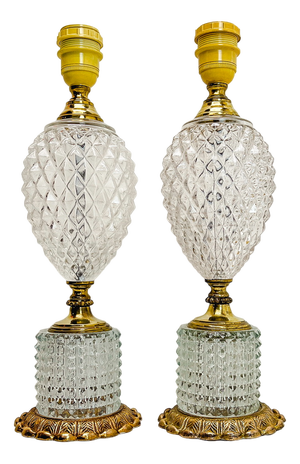 Cut Glass-Crystal & Brass Table Lamps in Pineapple Shape, 1960s, Set of 2