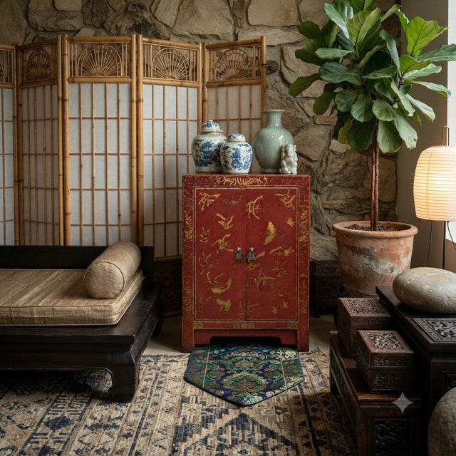 1990s Vintage Style Red Cabinet Gold Butterfly Motifs End Table Nightstand For Sale - Image 5 of 8