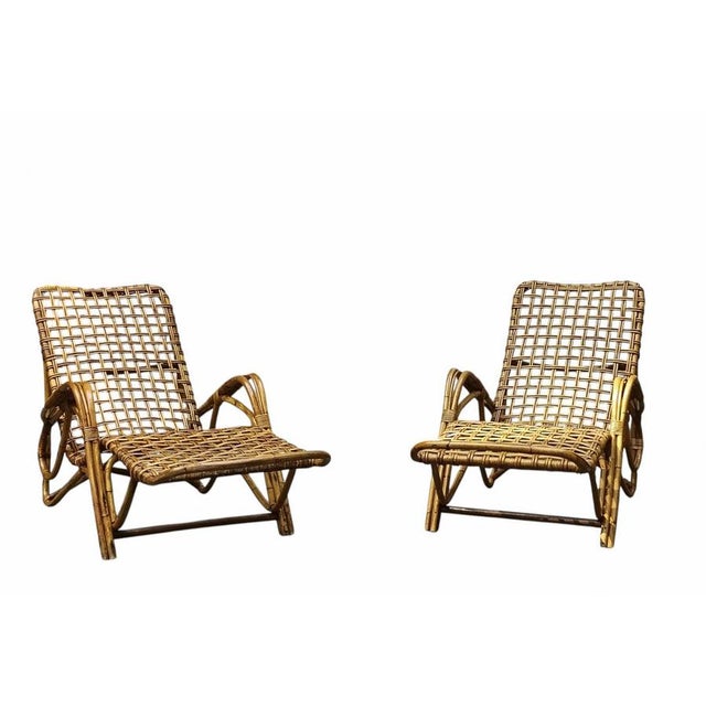 Tito Agnoli Woven Rattan and Bamboo Chaise Longues attributed to Tito Agnoli, Italy, 1960s, Set of 2 For Sale - Image 4 of 9
