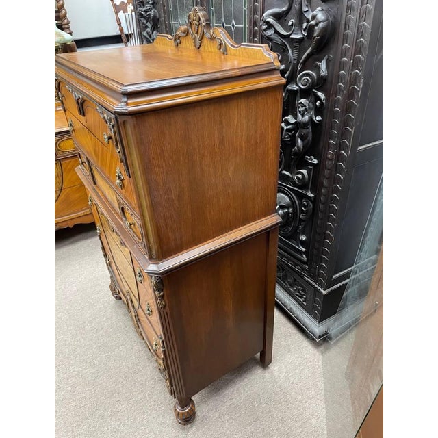 French Antique 1930's Bedroom Highboy Dresser Chest of Drawers, Hand Carved Walnut, Burl Inlay For Sale - Image 3 of 13