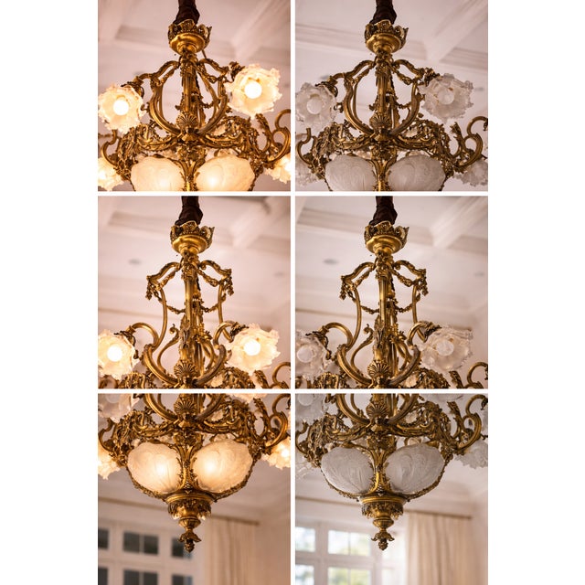19th C French Louis XVI Gilt Bronze Milk Glass Chandelier For Sale - Image 9 of 16