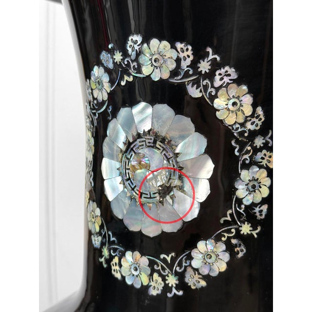 Vintage 28" Chinese Black Enamel Mother of Pearl Peacock Floor Vase For Sale - Image 6 of 9