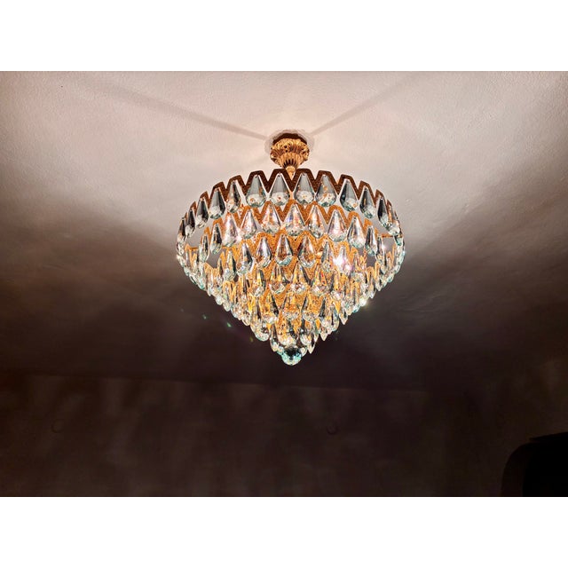 Turquoise 1960s Luxury Mid-Century Style Natural High-Gleam Solid Brass & Ice-Blue Turquoise Crystal 6-Light Flush Mount Chandelier For Sale - Image 8 of 9