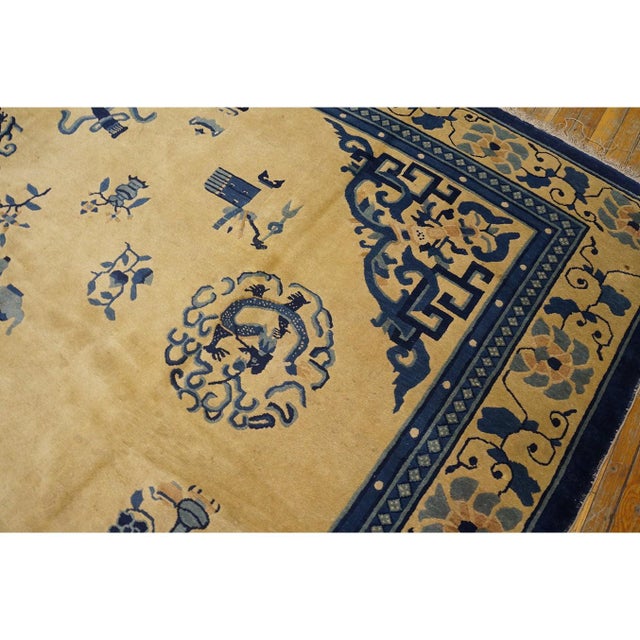1900s Beige Field Classic Greek Key Dragon Antique Chinese Peking Room Size Rug For Sale - Image 10 of 10