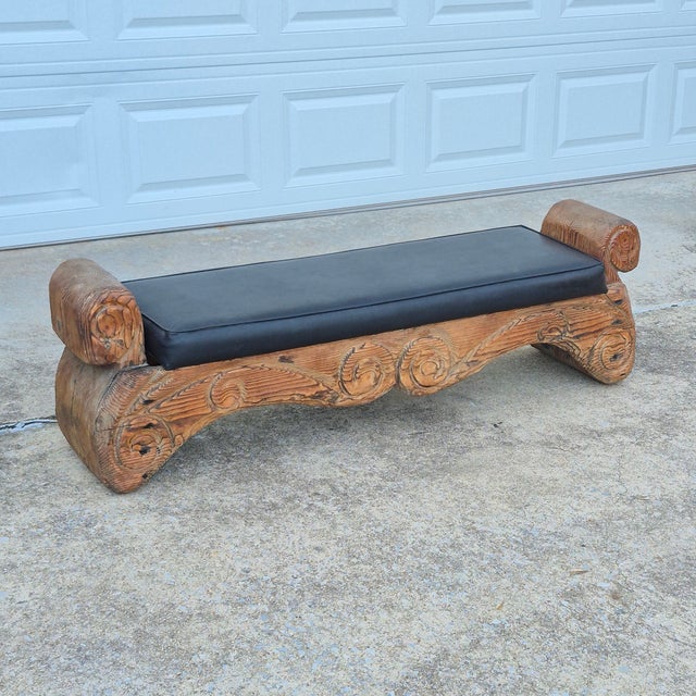 Mid-Century William Westenhaver for Witco Attributed Tiki Polynesian Black Faux Leather & Carved Bench For Sale - Image 10 of 10