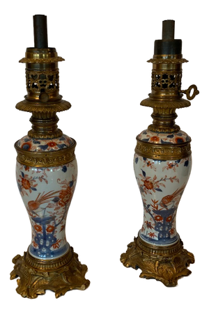 Chinese Porcelain Lamps with Chased Bronze Bases, 19th Century, Set of 2