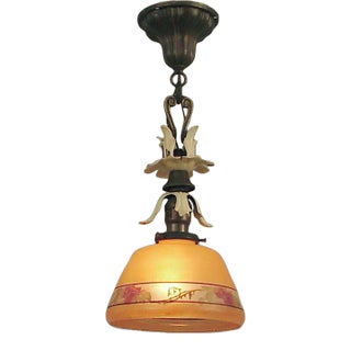 1910 Hanging Light With Splashy Look and Decorated Glass Shade For Sale
