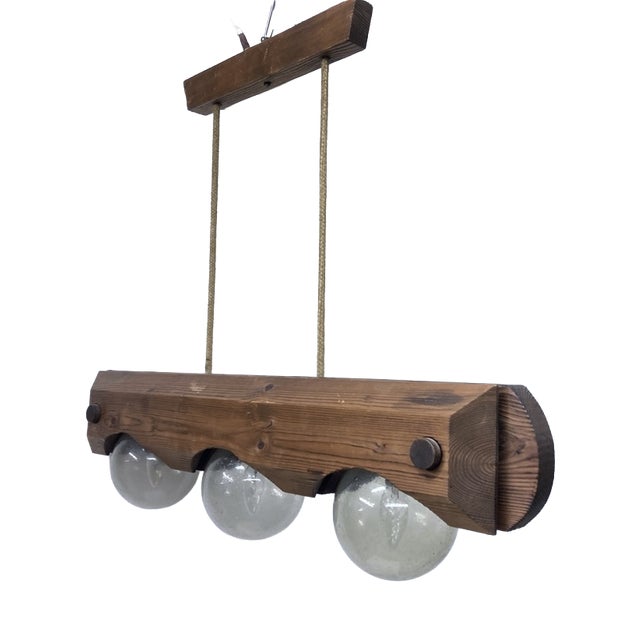 Brutalist 3-Light Pendant Lamp in Wood and Glass from Temde, 1970s For Sale