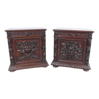 Antique German Black Forest Animal Carved Side Cabinets, 1860s, Set of 2 For Sale
