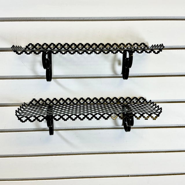 1960s Mid-Century Modern Boho Chic Pierced Metal Wall Mounted Shelves - A Pair. For Sale - Image 4 of 16