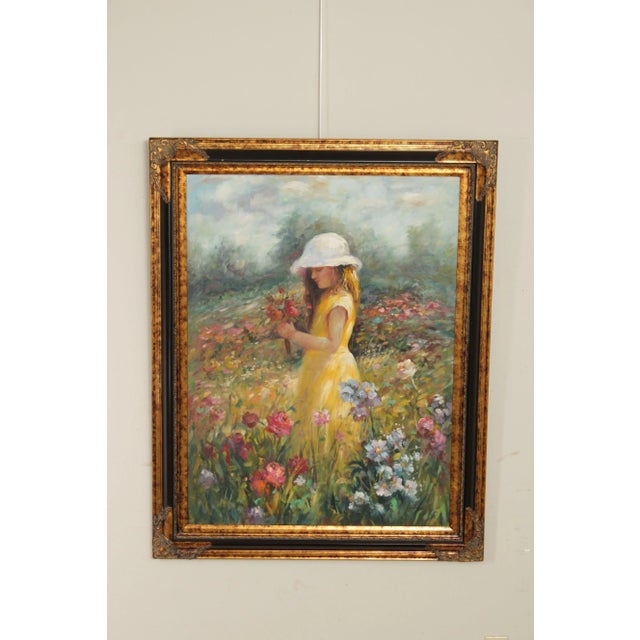 Vintage Original Painting After Harrison Rucker (American, b. 1930), Girl Picking Flowers in Field, Oil on Canvas, Signed...
