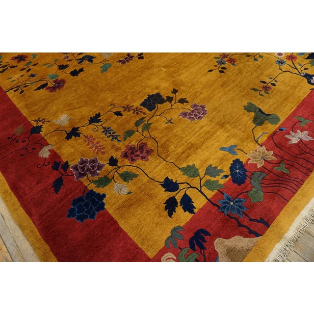 Early 20th Century 1920s Yellow Minimalist Floral Antique Chinese Art Deco Carpet 9' X 11'6" Handknotted Wool Rug For Sale - Image 5 of 6